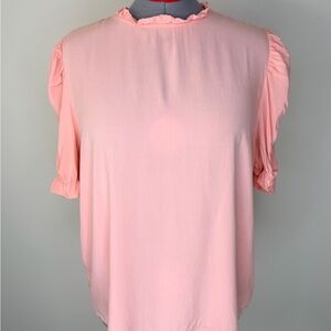 Loft Outlet Blouse Womens XL Light Orange Ruffle Mock Neck Puff Short Sleeve Top